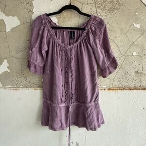 Boho Tunic‎ Top Sacred Threads Lavender Embroidered Viscose Ruffled Blouse OS
